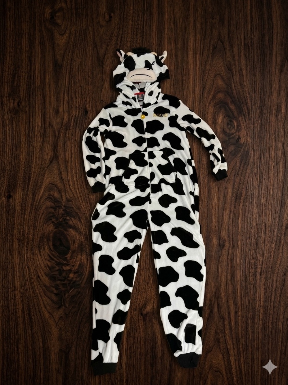 EUC Holiday Time Cow Print Hooded Costume / Pajama Jumpsuit "Moo-dy" Ladies L